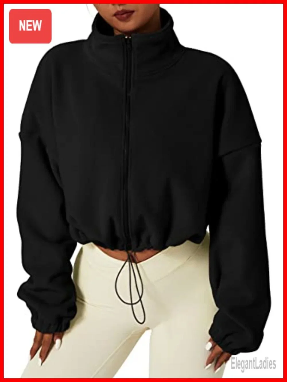 Womens Full Zip Fleece Short Jacket Warm Winter Long Sleeve Stand Collar Sherpa